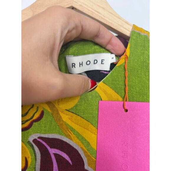 NWT Rhode Round Neck Puffed Sleeves Flared Lulani Dress Green Floral Size: 4 - Picture 6 of 8